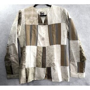 Vtg PIECES Women Patchwork Open Front Long Sleeve Blazer Sz S/M Beige Gold 55-5